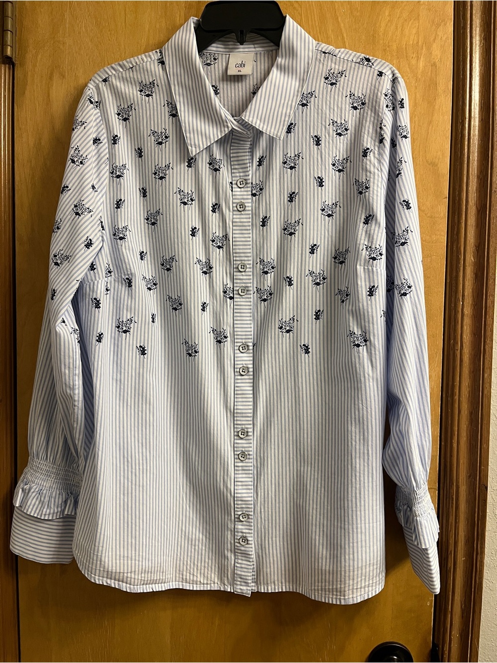Cabi women's Light Blue Striped Button-Down Shirt with Navy Floral Print XL